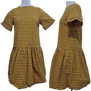 Levi's Aberdeen Tafetta Plaid Dress Buble Hem Oversized XS Mustard